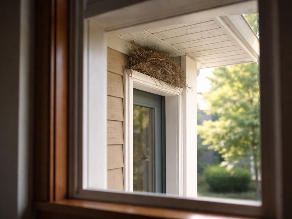 View through an open window toward a small bird nest near a house doorway from a safe distance.