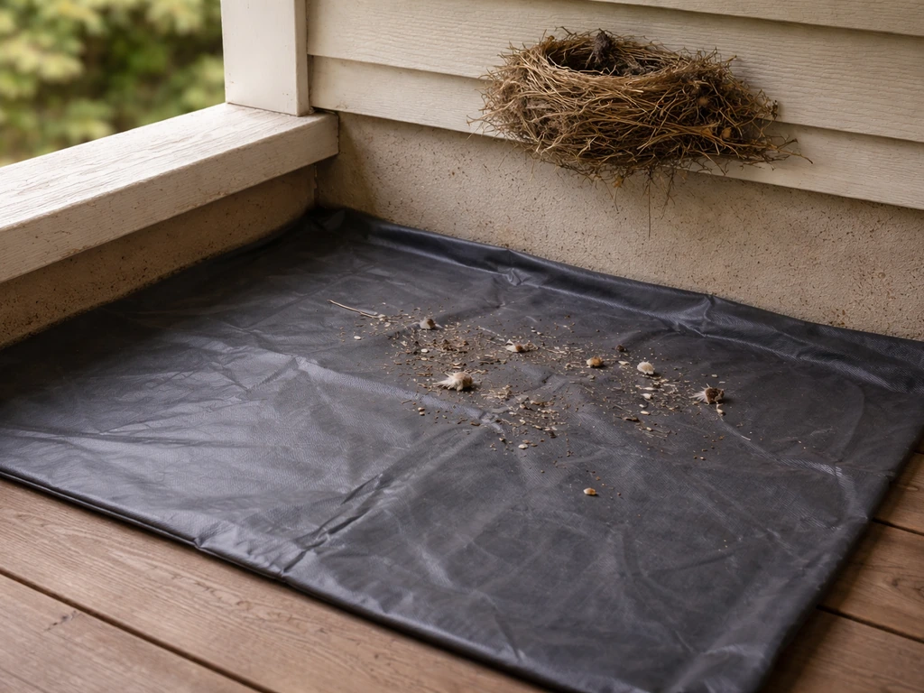 Tarp laid under a partially visible bird nest to catch droppings for easy cleanup.