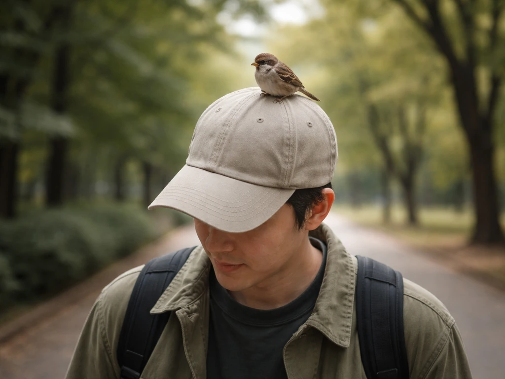 Anonymous person in a park with a small bird perched on top of their hat, calm moment captured.