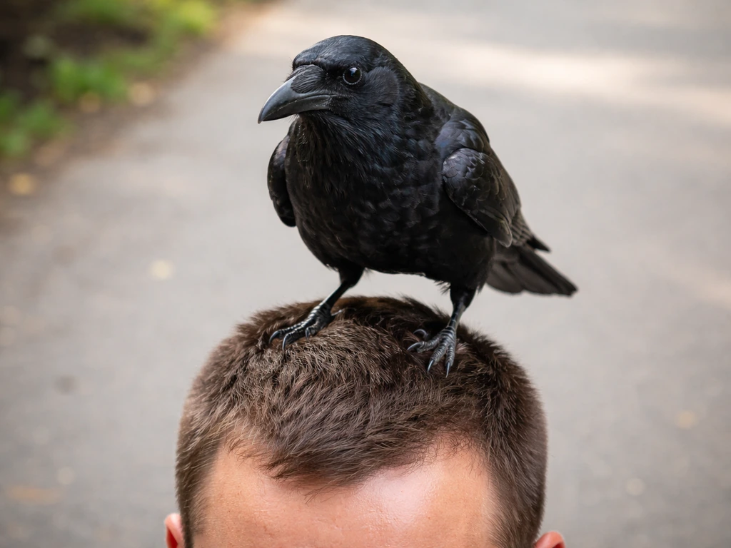 Close-up of a crow perched on the top of a person’s head in soft natural daylight.