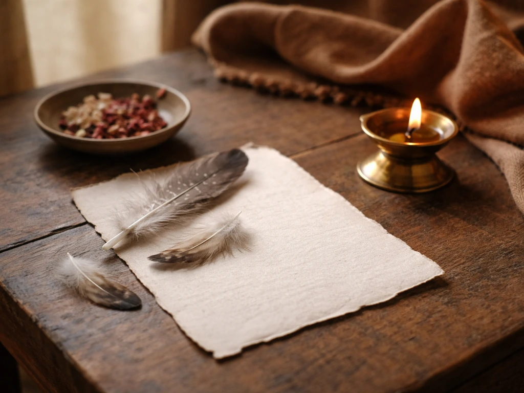 Traditional home interior with feathers and a handwritten bird-omen note beside a small bronze diya lamp.