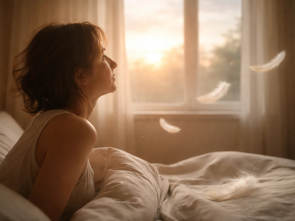 Person in bed stirring awake as a soft bird-feather motif drifts in, suggesting dream symbolism