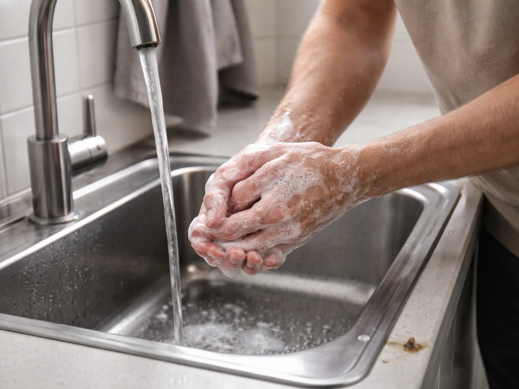 Person washing hair and hands at a kitchen sink after a bird with visible droppings landed nearby.