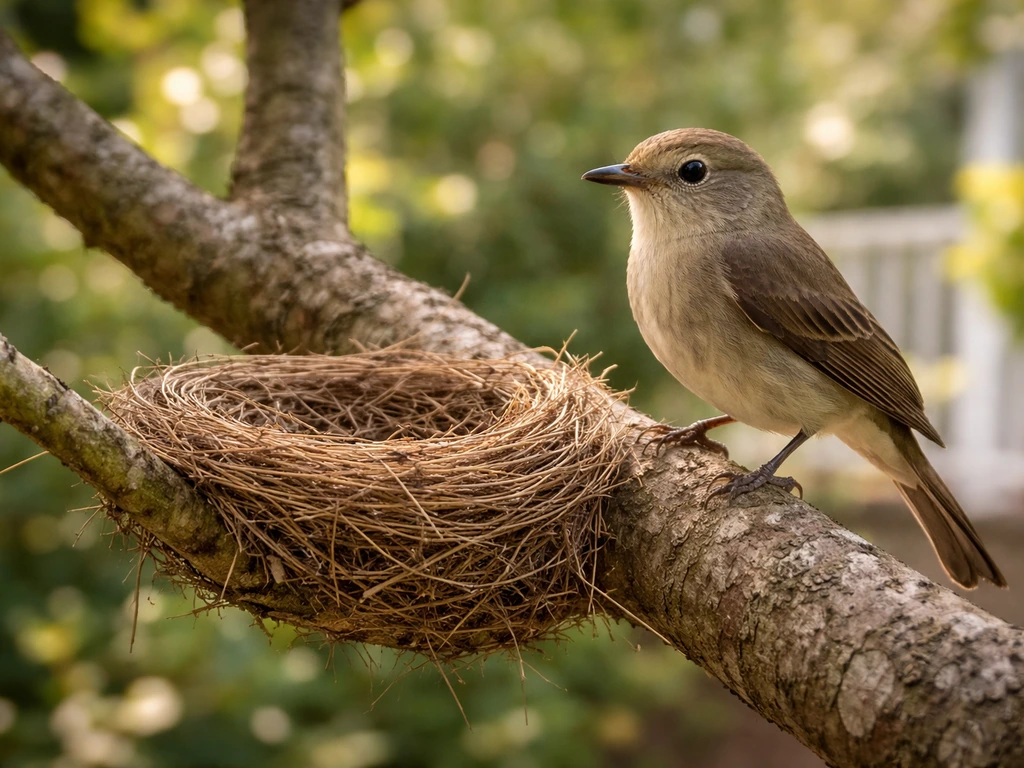 Small bird perched beside a partially built nest on a backyard branch in natural daylight.