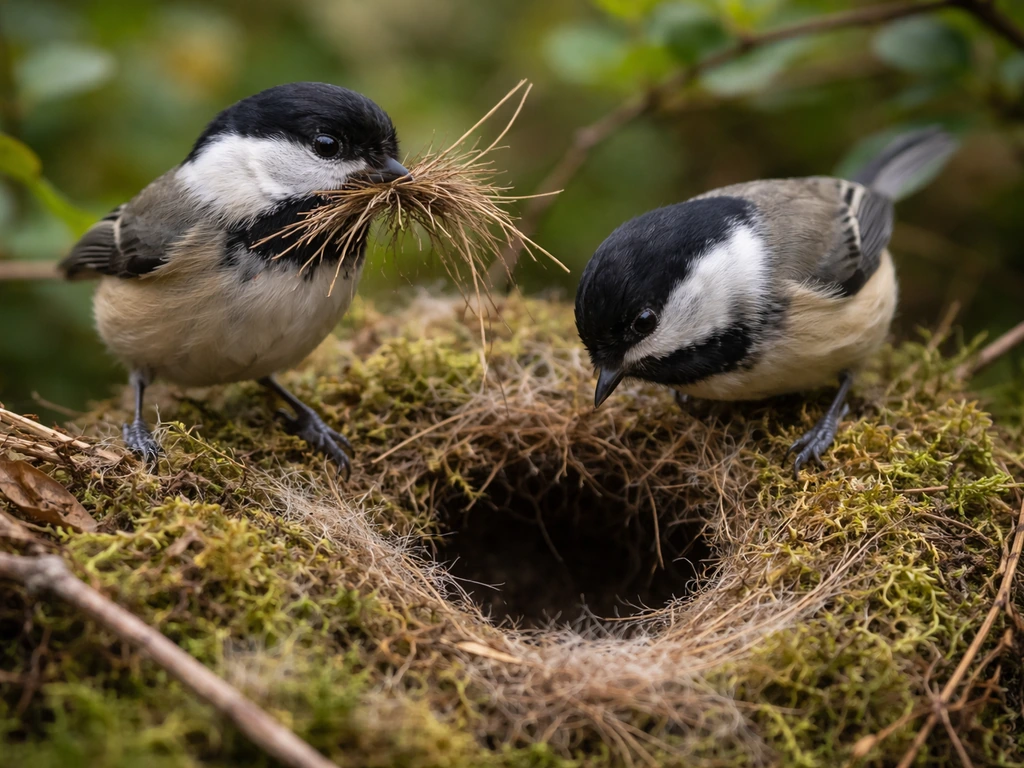 Two small birds bring twigs and grass to build a nest in a quiet outdoor setting.