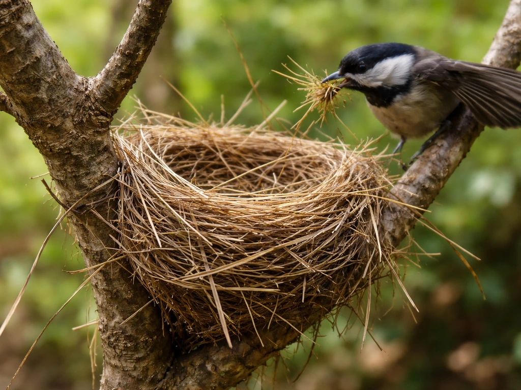 Bird adds fresh twigs to an active nest on a tree branch, with adult bird nearby.