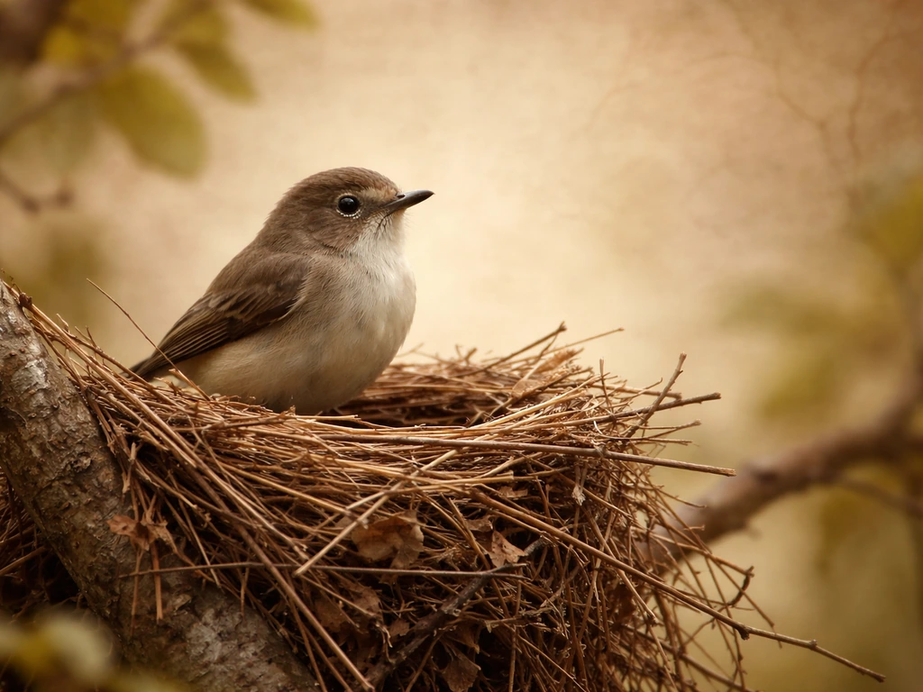 Small bird perched near a twig nest with a faint parchment-like traditional background texture.