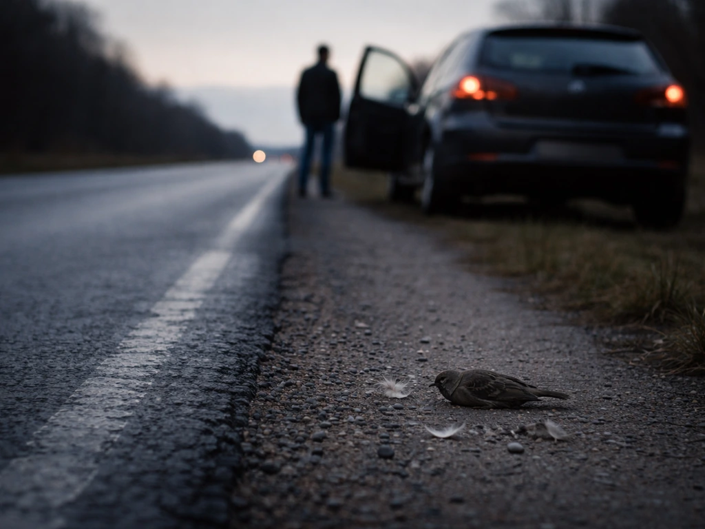 Car stopped on the roadside shoulder with a non-graphic bird silhouette and scattered feathers near the road edge.
