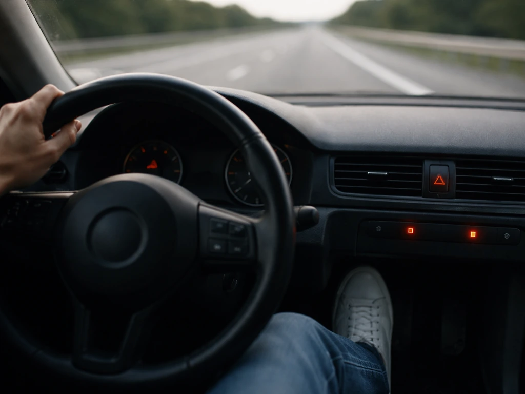 Driver’s foot on the brake and hands on the steering wheel with the open road ahead, safety-focused moment.