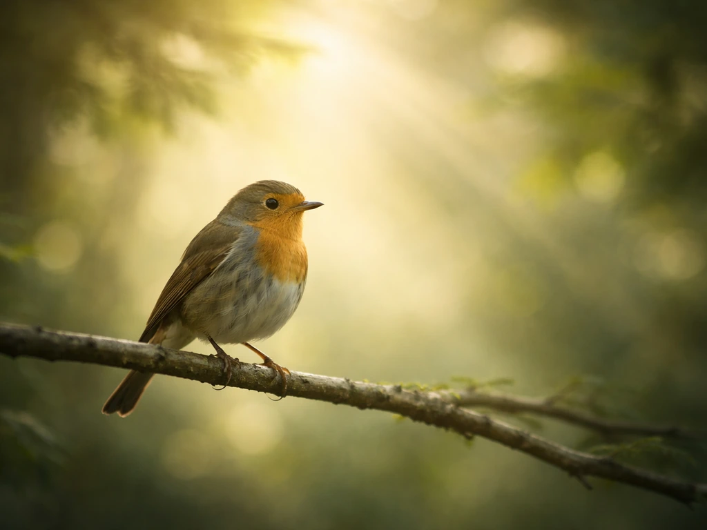 A small bird perched on a branch in soft morning light, surrounded by calm blurred greenery.