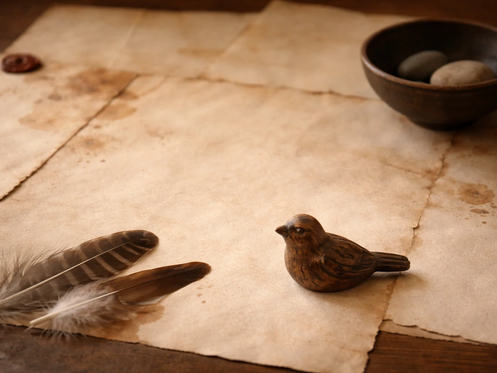 Old parchment tabletop with a small carved bird ornament and scattered natural feathers in warm light