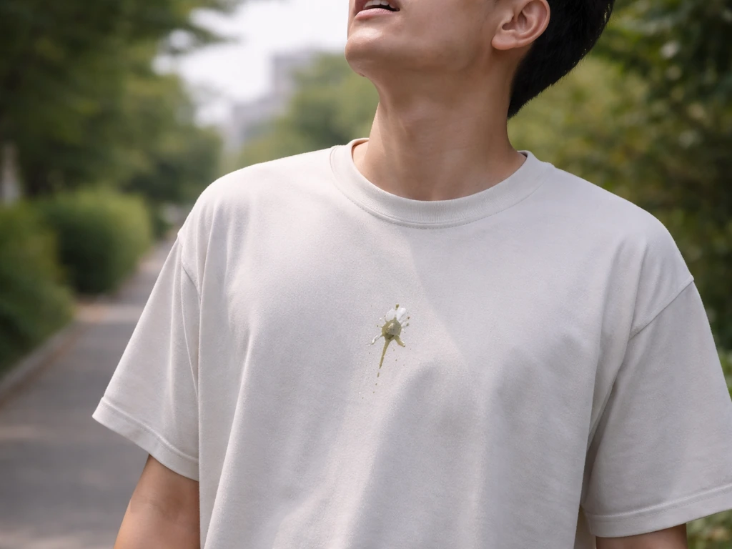 Person on an outdoor walkway looks up as a bird drops a fresh impact mark on their clothing.