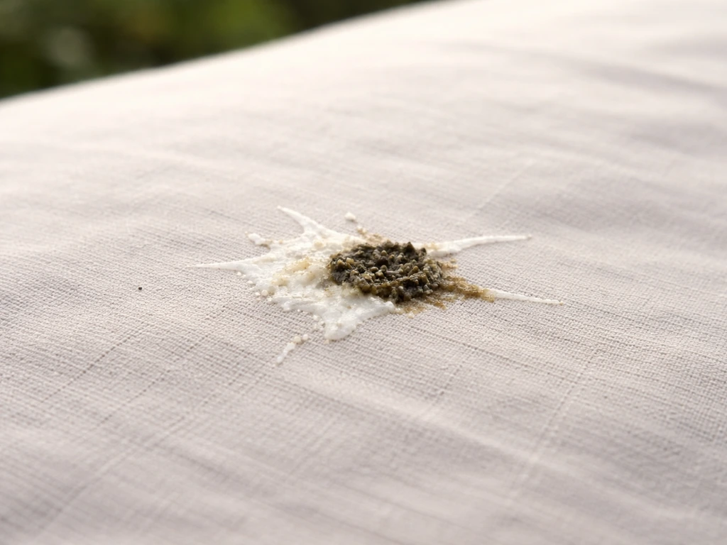 A realistic bird-waste splash on light fabric, showing chalky and darker parts clearly.