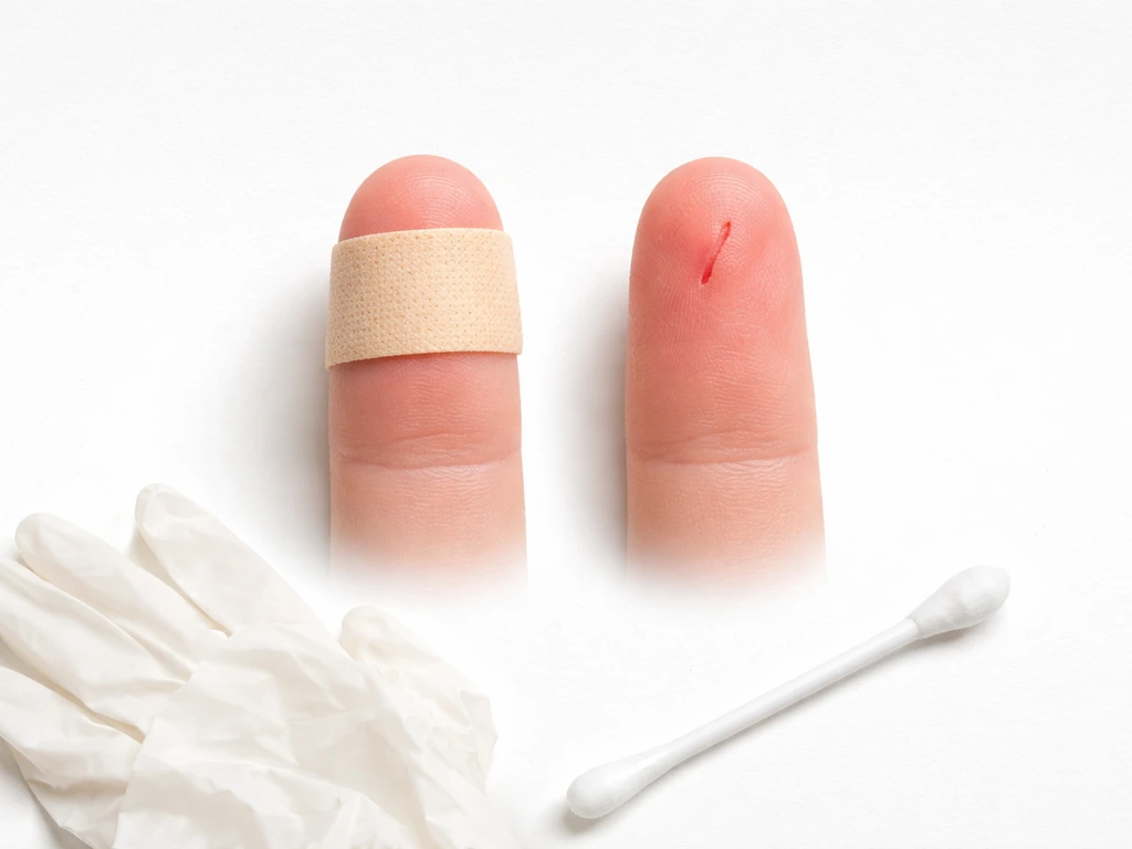 Close-up comparison of intact skin versus a small fresh cut on a fingertip on a white background