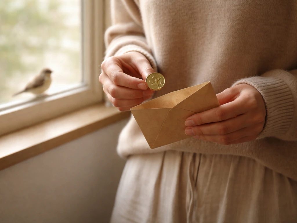 Person holding a small lucky charm near a window as a bird perches outside.