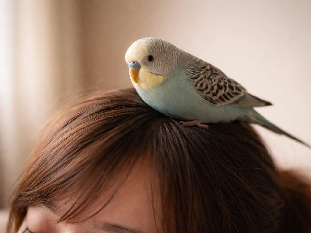 Small pet bird calmly perched on a person’s head in a cozy indoor moment