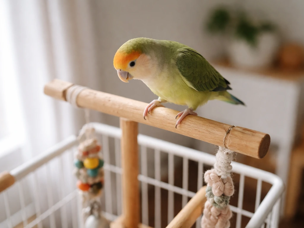 Small pet bird perched on the top of a play-stand/cage, looking down from a high safe perch.