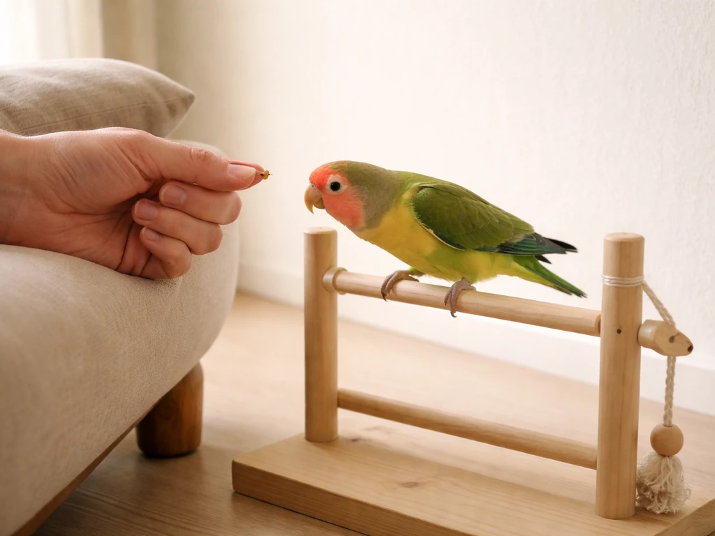 A small pet bird perches near a training stand while a hand offers a treat, showing safe reward-based redirection.