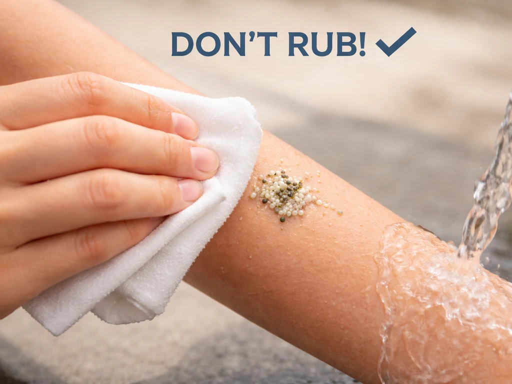 Close-up of skin being gently wiped clean of fresh bird droppings with a cloth and water rinse.
