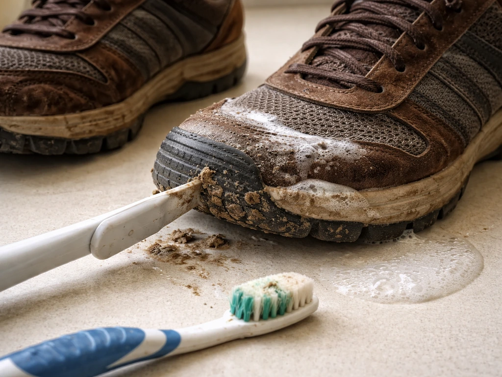 Close-up of a sneaker on a table as dried specks are scraped off and brushed with soapy water using an old toothbrush.