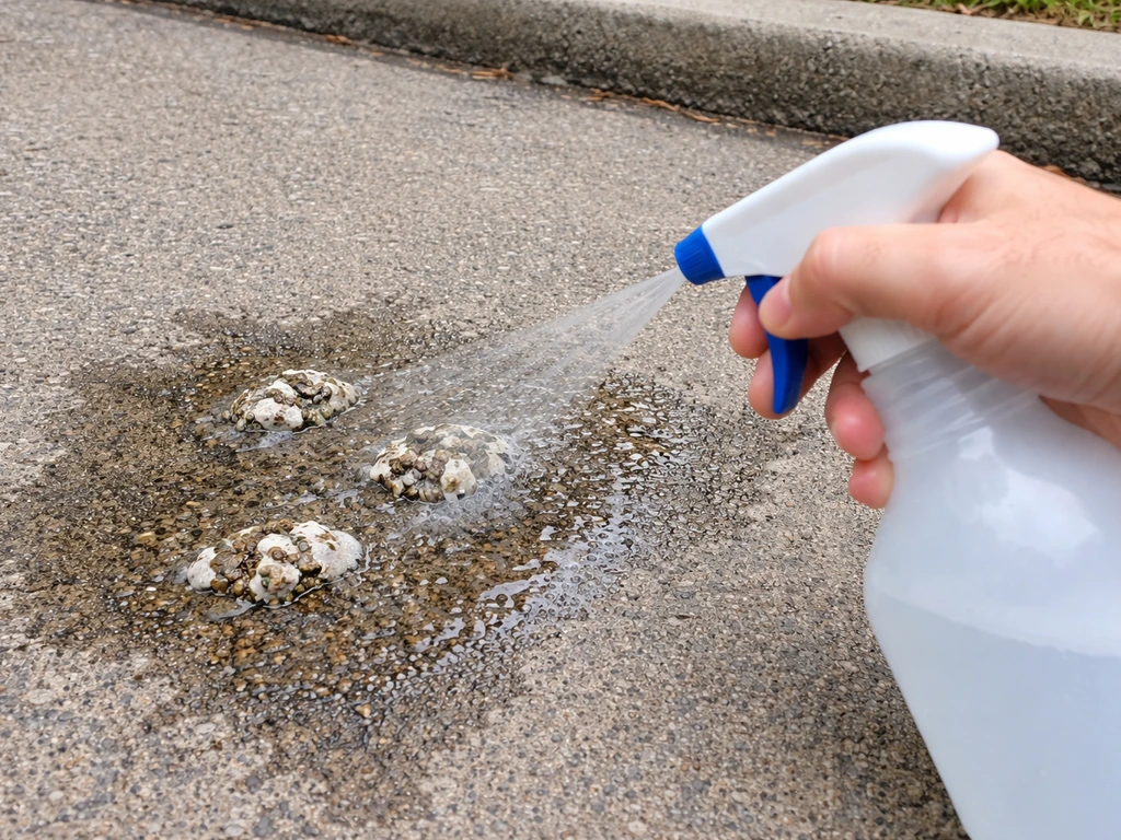 Disinfectant sprayed onto bird droppings on a concrete pavement, showing a wet soaking method.