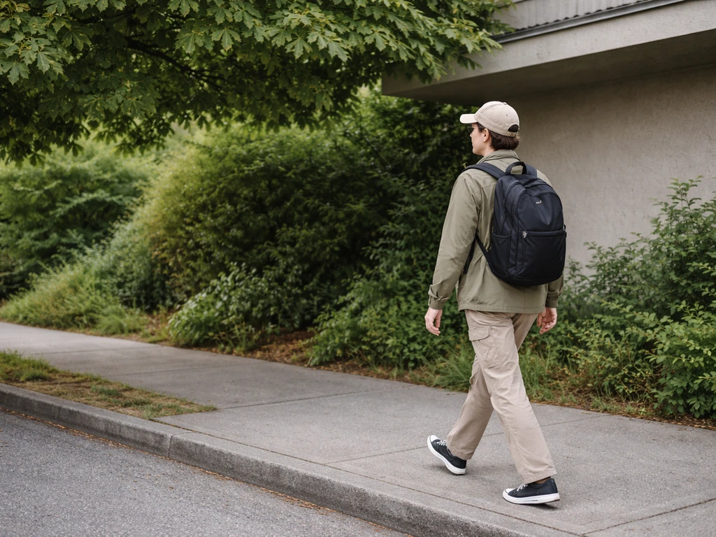 Person walking on a clear sidewalk while avoiding a ledge and leafy tree area birds perch on
