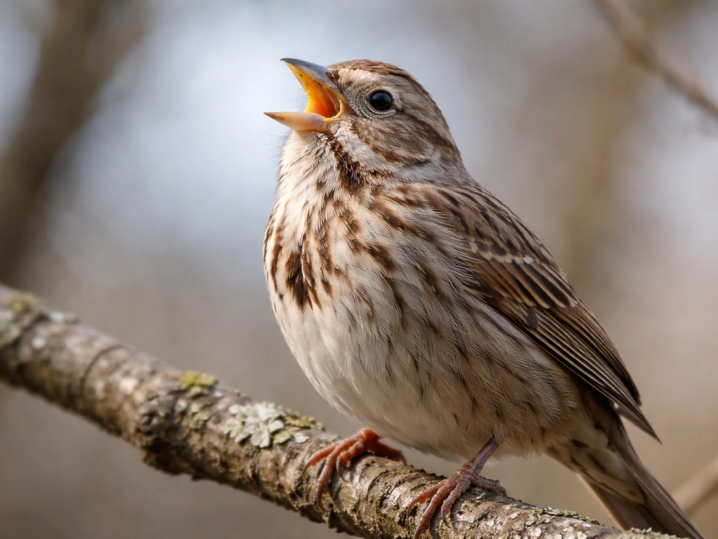 Wild bird in close-up with beak open mid-call beside a softly blurred branch.