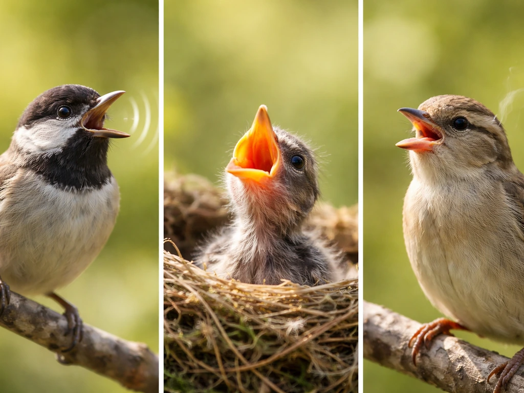 Three birds showing normal open-beak behaviors: calling, nestling begging, and panting.