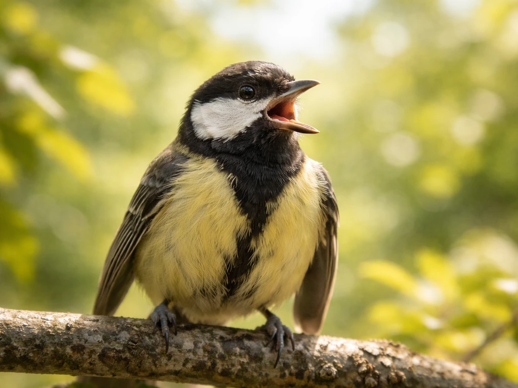 Small songbird panting with beak open on a warm day, heat-haze background blur.