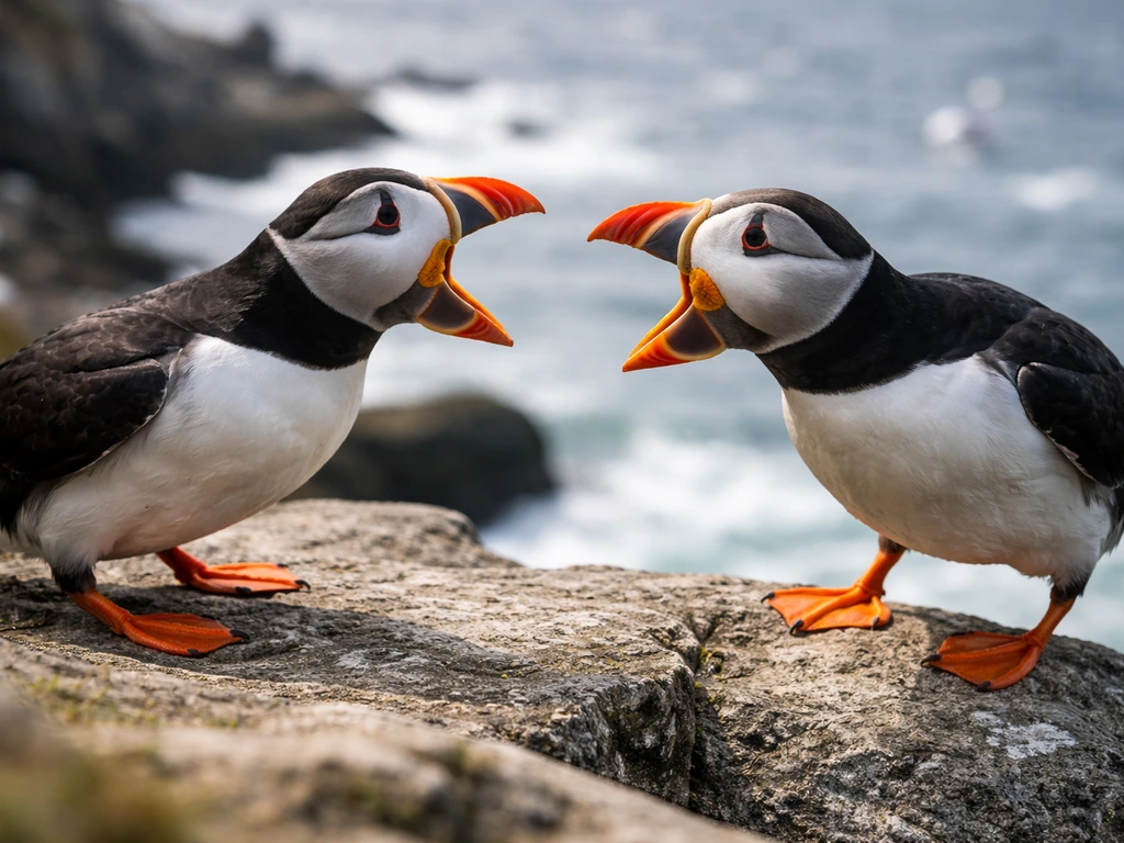 Two puffins face off on a rocky shore with wide-open beaks in a threatening display.