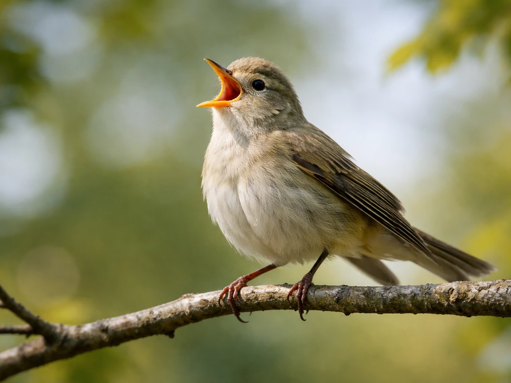 A small bird yawns with its beak open while stretching on a branch.
