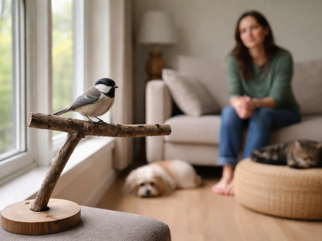 Adult seated near a window watching a small bird perched nearby while pets stay indoors and calm.