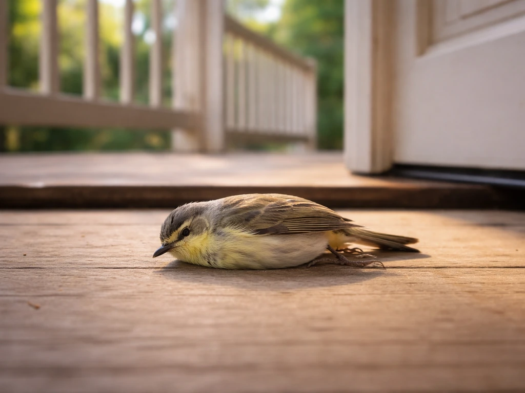 Small dead bird on a porch floor near the entryway in natural light