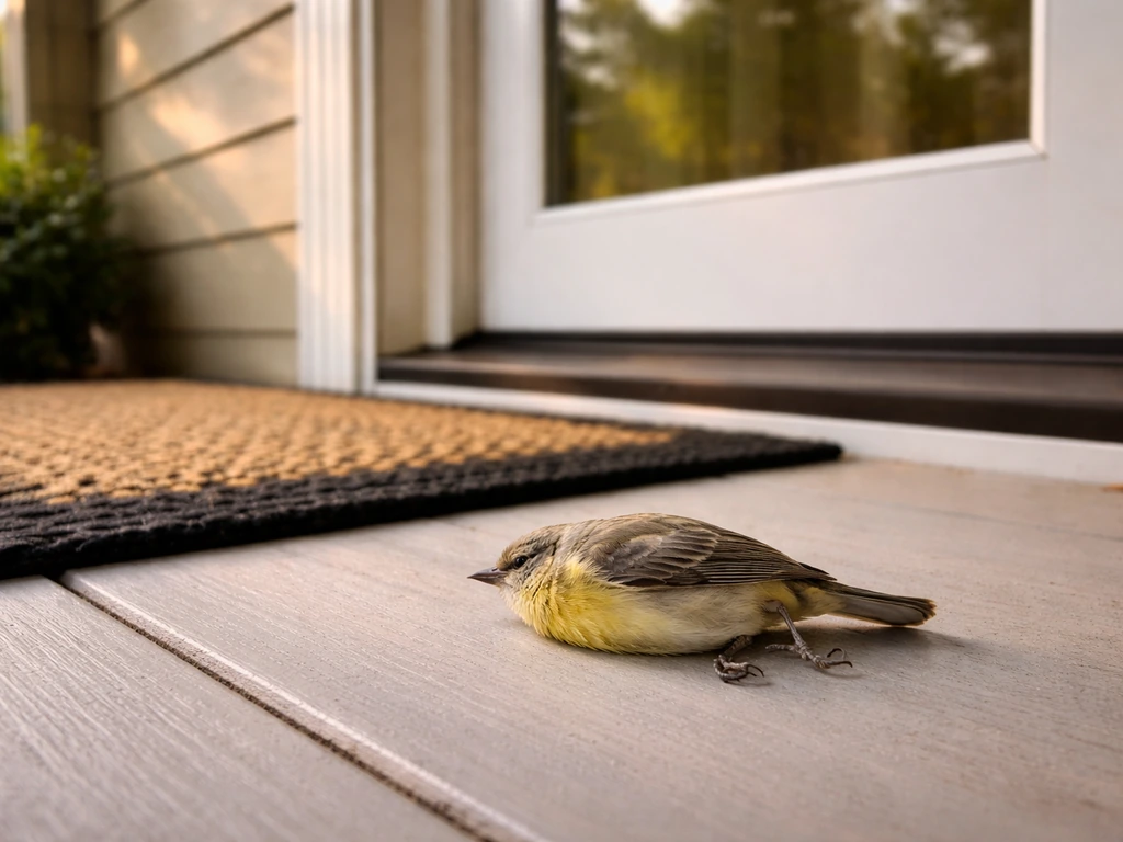 Small dead bird near a porch door, with a nearby window reflecting light as a cautionary scene.