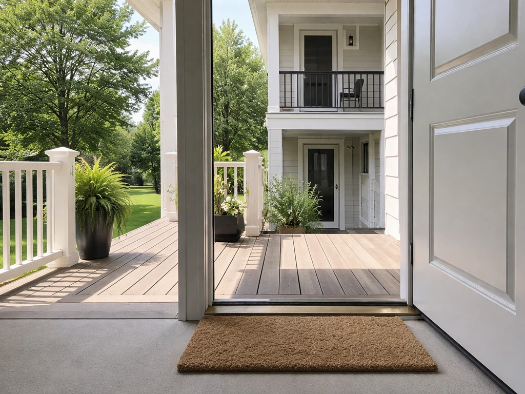 Front porch threshold beside a sheltered back porch and an upper balcony at a quiet home exterior.