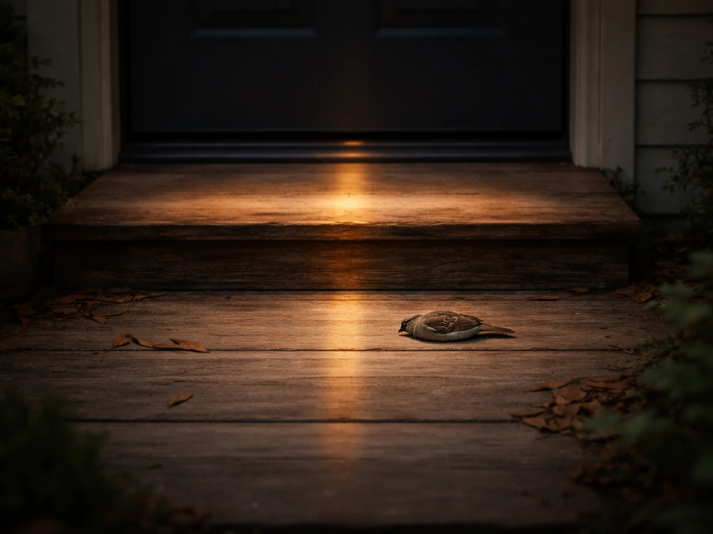 Warm-lit porch doorway with a small bird by the threshold and subtle cross-like light motifs.