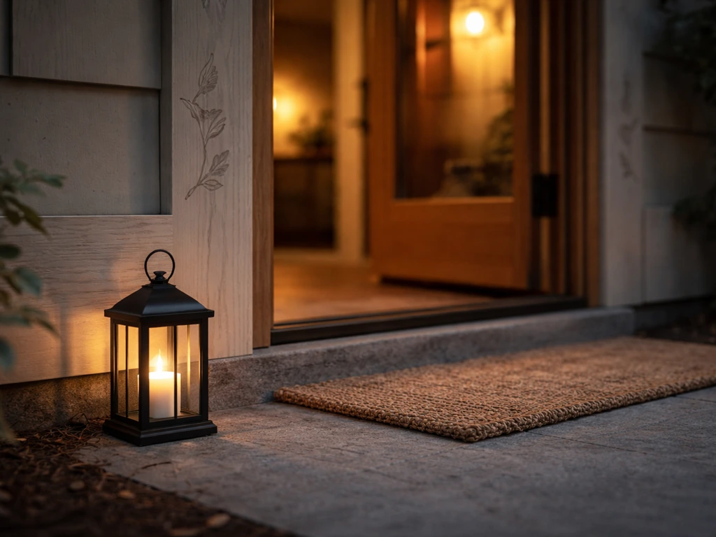 Quiet home entrance at dusk with a small decorative lantern and subtle bird motif on decor