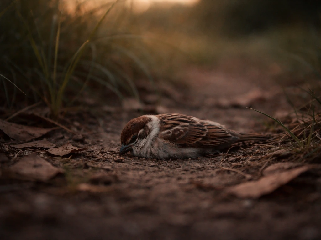 Small sparrow on the ground in soft shadowy light, symbolizing spiritual weight and reflection.