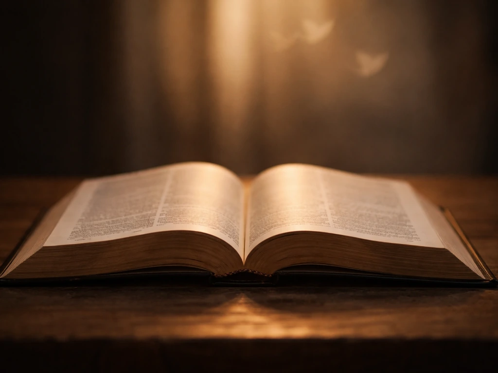 An open Bible on a wooden table with a subtle dove silhouette in soft background light.