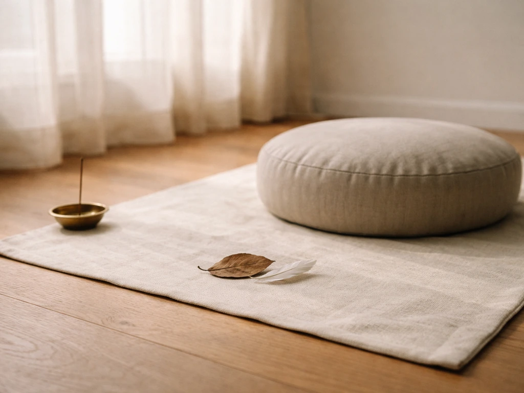 Minimal meditation setup with cushion, unlit incense, and a small leaf and feather on linen.
