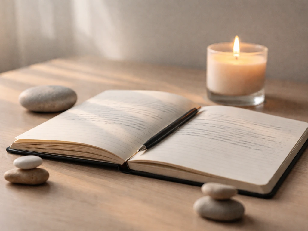 Open journal on a simple desk with faint handwritten notes, a candle glow, and subtle balance objects.