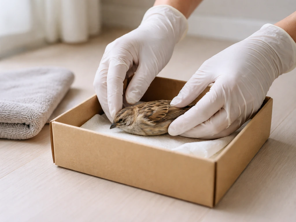 Gloved hands placing a small dead bird into a cardboard box on a towel, indoors.