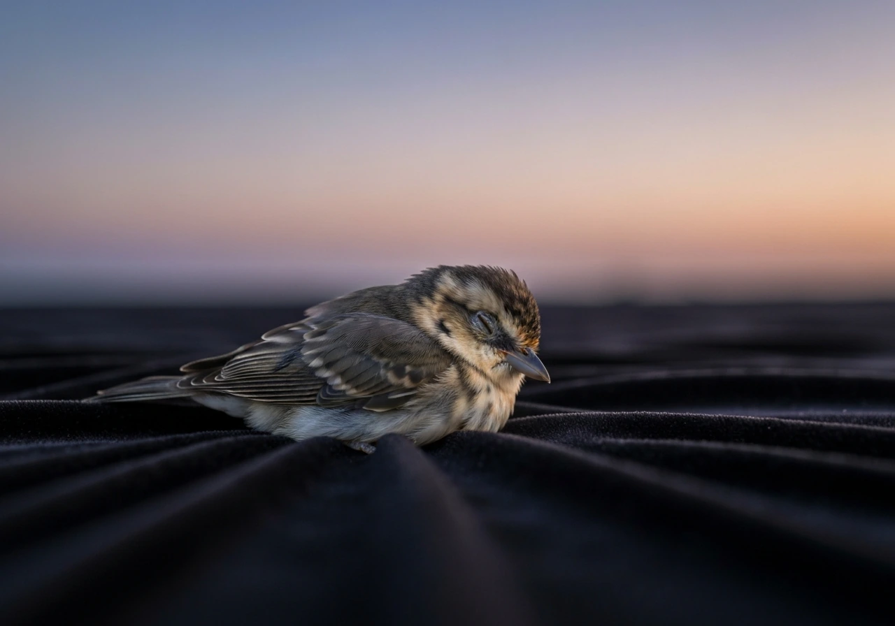 A softly lit dead bird resting on dark fabric in twilight tones, symbolizing spiritual transition