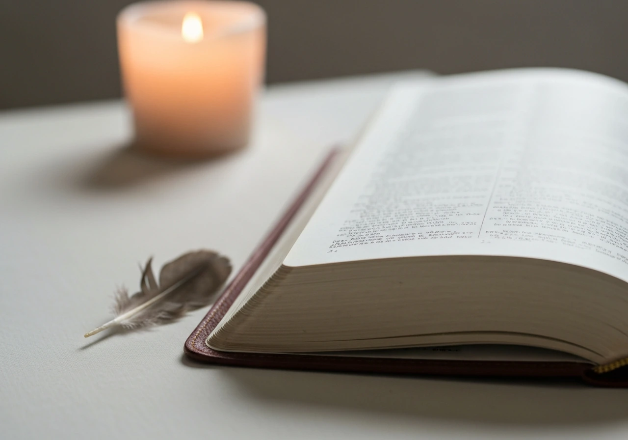 Open study Bible on a quiet table with a small bird feather resting near the pages.