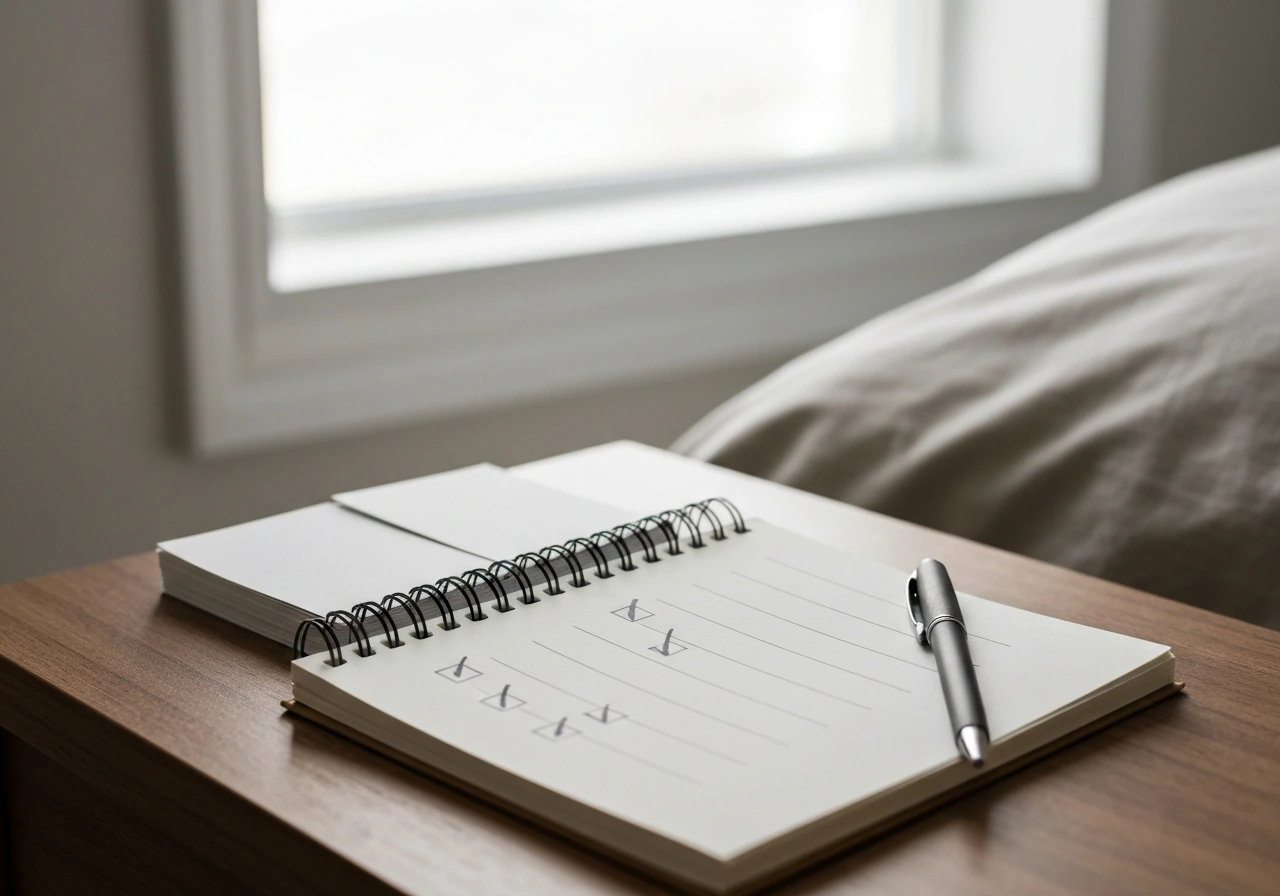 Open notebook checklist with checkmarks beside a pen on a nightstand in soft morning light.