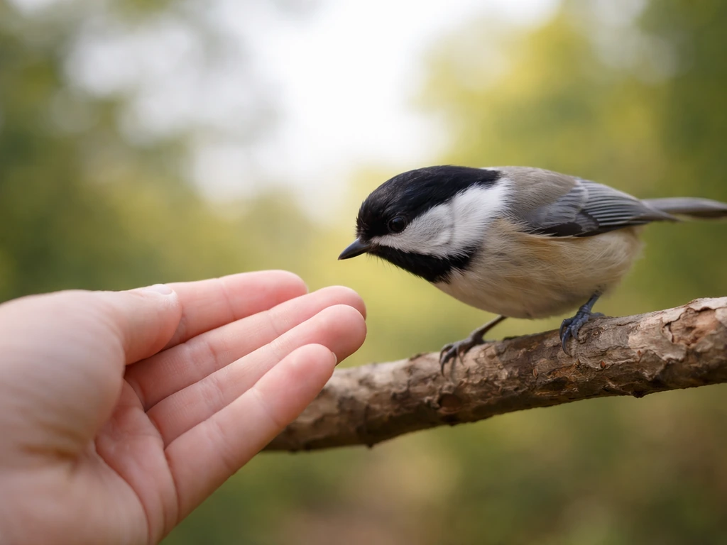 A hand held near a perched bird outdoors, with the bird’s beak close to the fingertips.