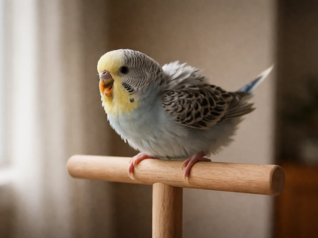Fluffed-feather pet bird perched on a wooden stand in a tense, warning stance after being startled.