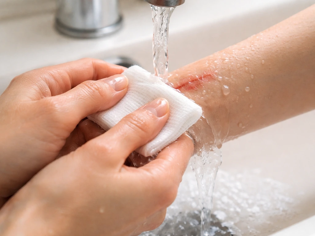 Hands holding gauze under running water to thoroughly rinse a small forearm wound.