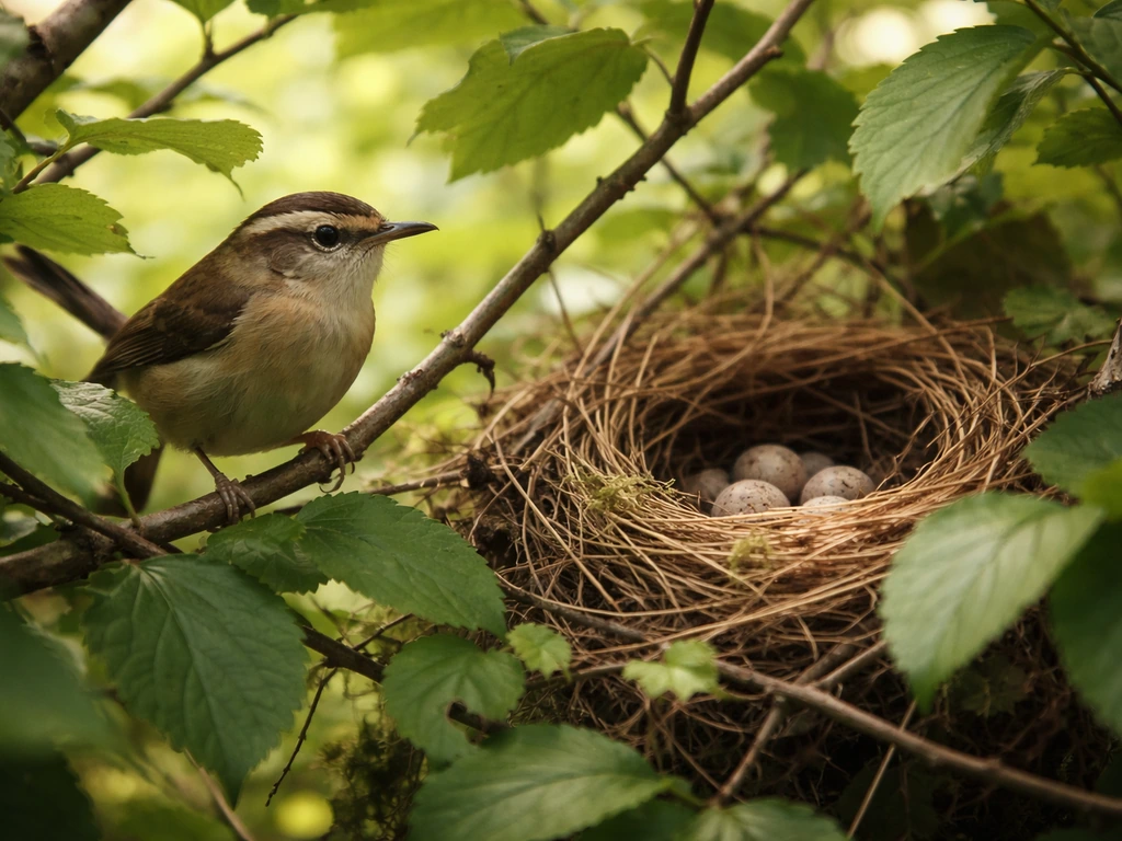 Wild small bird perched on branches near an open nest, natural habitat, territorial mood