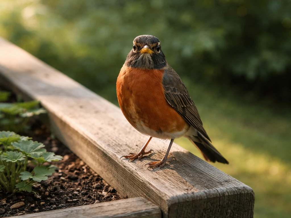 American robin perched on a garden edge, looking toward the viewer in natural light.